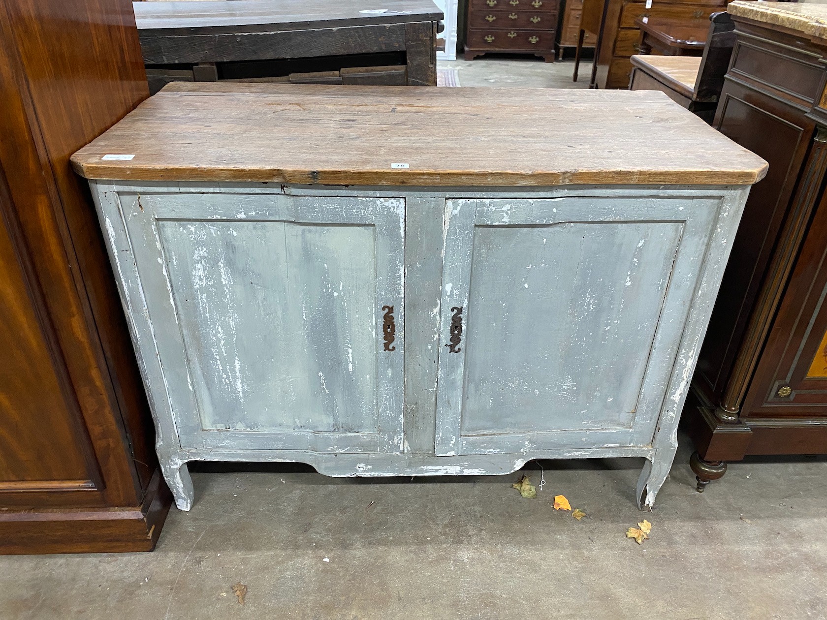 A 19th century French part painted oak and pine two door cupboard, width 127cm, depth 62cm, height 92cm